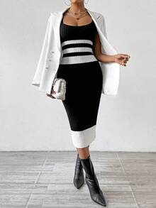 SHEIN Privé 顏色區塊緊身紐帶針織毛衣連衣裙 - 黑與白 - 查看 6