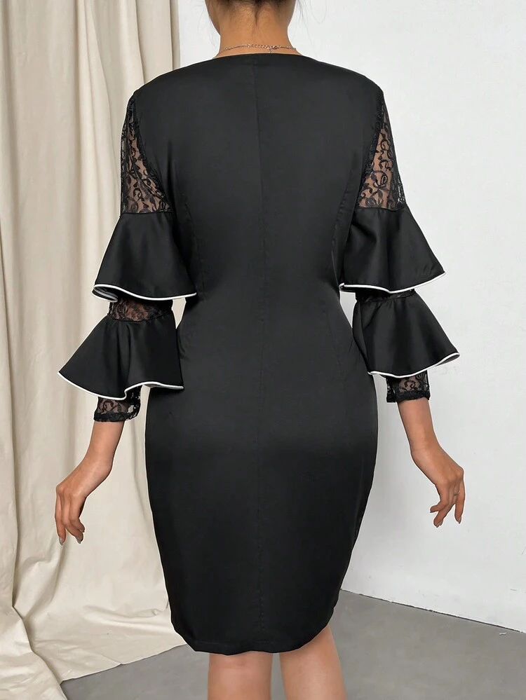 Lace Patchwork Wrap Ruffle Hem Dress