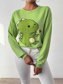 SHEIN Essnce 卡通恐龍圖案落肩毛衣 - 綠色 - 查看 6