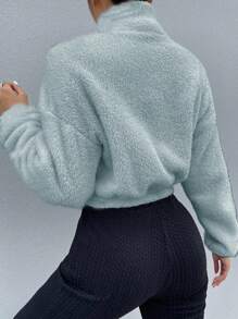 SHEIN Unity Solid Color Teddy Zip Front Jacket With Drop Shoulder - Blue - View 2