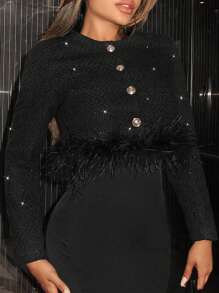 SHEIN SXY 新年女式閃亮亮片金屬扣流蘇下擺短羊毛夾克 - 黑色 - 查看 1