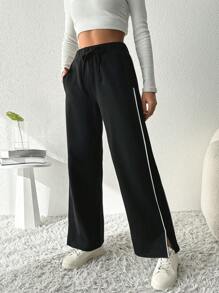 EURMUSE 時尚撞色拼接斜口袋運動長褲 - 黑色 - 查看 4