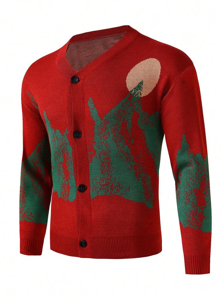 Men's Loose Patterned Long-Sleeved Cardigan With Button-Front Design