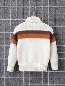 SHEIN Con trai Hợp thời Khối màu Sọc Cổ cao Áo len Áo khoác - Màu be - Xem 2