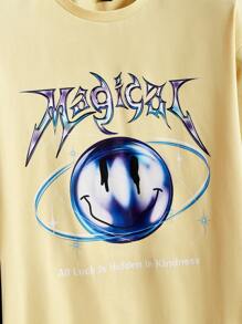 Manfinity VCAY Men'S Drop Shoulder T-Shirt With Printed Slogan And Face - Yellow - View 3