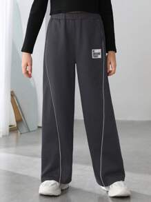 SHEIN Quần ống rộng dệt kim trơn màu cá tính dành cho bé gái tuổi teen - Xám - Xem 5