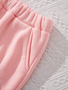 年輕女孩休閒卡通圖案長袖套頭衫和褲子套裝,適用於秋冬季 - 粉色 - 查看 3