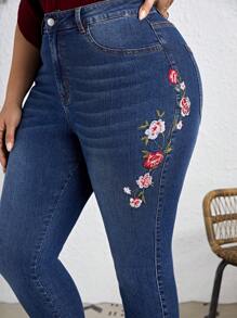 EMERY ROSE 加大码深蓝色高腰紧身弹力舒适侧绣花优雅女士休闲长牛仔裤 - 中等水洗藍 - 查看 5