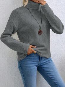 SHEIN Essnce 高領純色休閒毛衣 - 灰色 - 查看 6