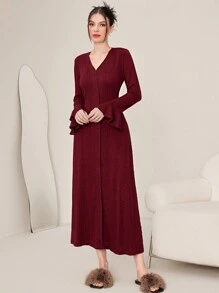 Modelyn 勃艮第红色纯色女式喇叭袖连衣裙超长款女式晚礼服秋季女装 - 酒紅色 - 查看 7