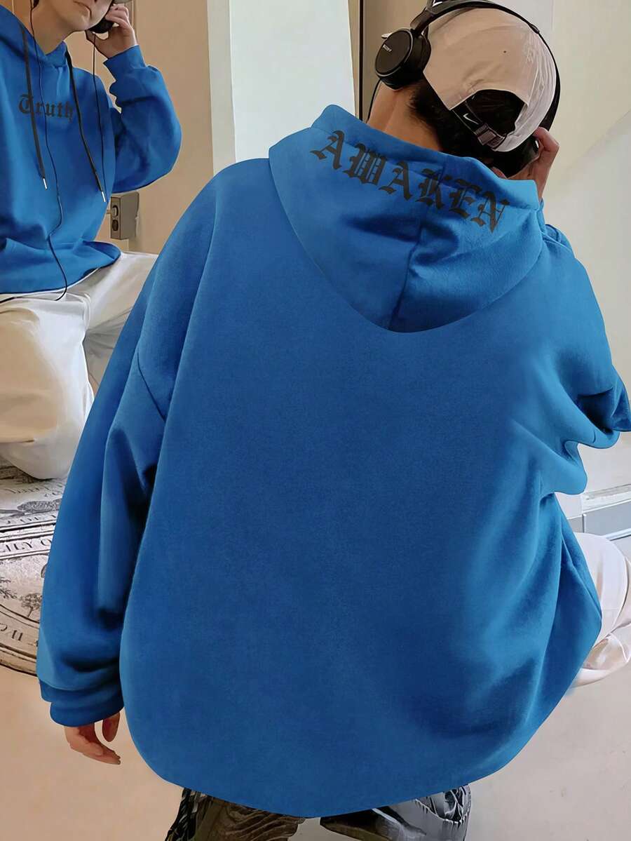 Manfinity Hypemode 男士寬鬆簡約信封字母印花連帽羊毛衫 - 藍色 - 查看 1