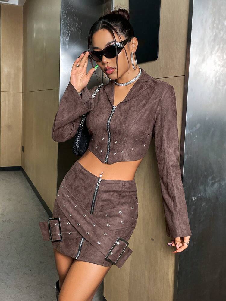Rivet Pearl Zipper Collarless Jacket And Skirt Set