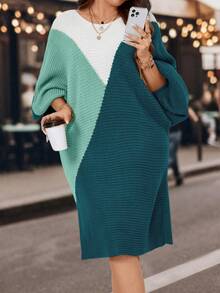 Calvaya Plus Size Color Block Batwing Sleeve Sweater Dress - Multicolor - View 5