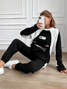 Ladies' Letter Print Drop Shoulder Long Sleeve Hoodie & Jogger Pants Set