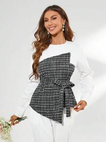 SHEIN Privé Asymmetrical Hem 2 in 1 Shirt With Waist Belt, Long Sleeve - Black and White - View 5
