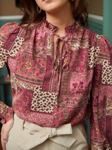 SHEIN Frenchy Printed Top With Knotted Halter Neck - Hot Pink - View 1