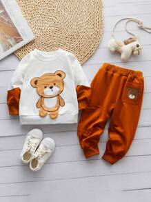 Conjunto De Ropa De Bebé Para Niños Con Patrón De Oso, Parte Superior Con Bloque De Color Y Pantalones Largos - Multicolor - Ver 1