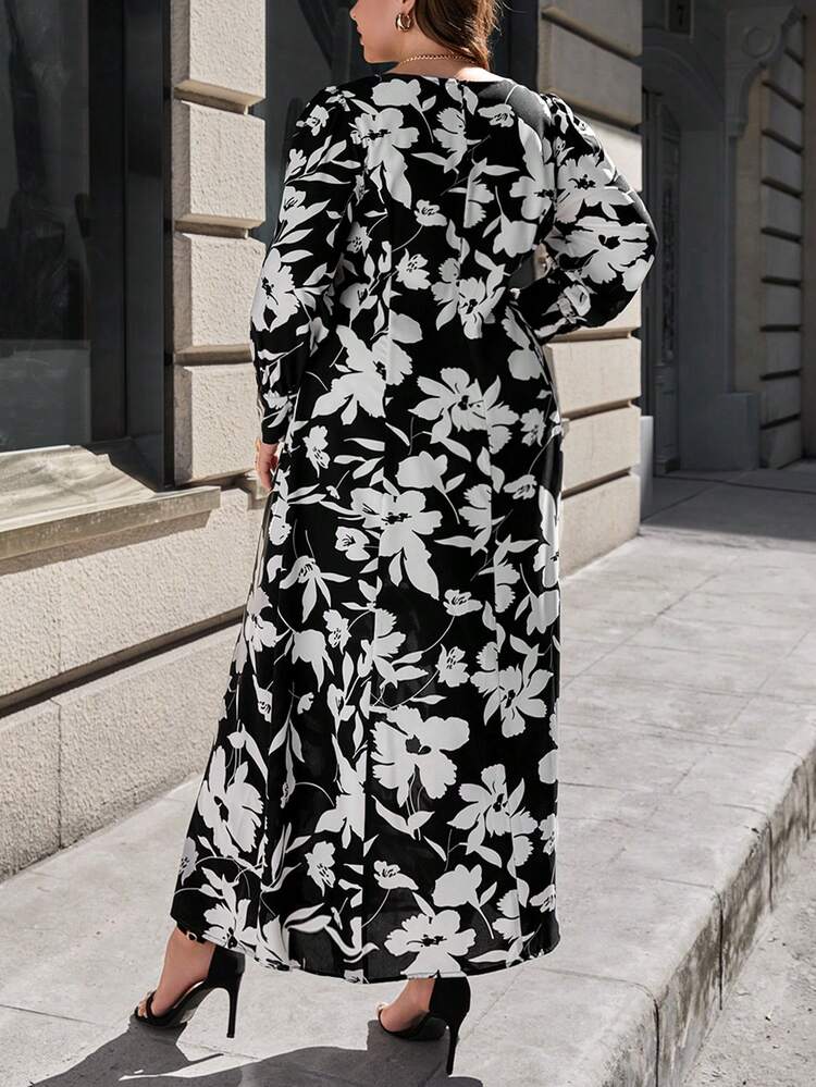 Plus Size Women'S Floral Printed Side Slit Dress