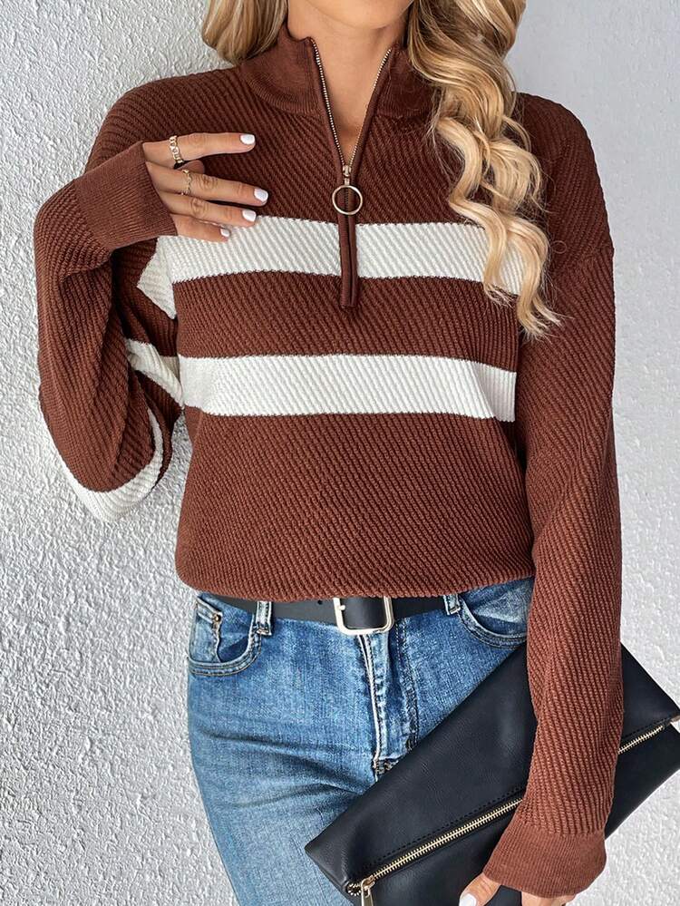 Women's Striped Half Placket Long Sleeve Sweater