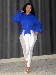 Slaydiva Kích thước lớn Của phụ nữ áo có mũ Dây kéo Áo len Mở Với Frayed Hem - Màu xanh lam - Xem 5