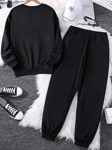 SHEIN Explorewe Cô gái Tween Gấu In thư Áo nỉ Và Quần thể thao Bộ - màu đen - Xem 2