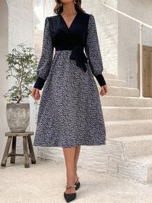 SHEIN LUNE 碎花印花拼布斜襟系腰连衣裙 - 黑色 - 查看 4