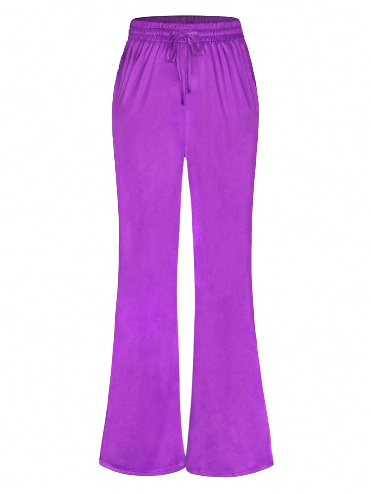 Plus Size Solid Flare Pants With Drawstring Waist Fall Cloth For Women