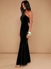 SHEIN Belle 女士纯色不对称领口美人鱼礼服黑色优雅舞会晚会婚礼宾客礼服，适合毕业典礼、晚宴派对礼服 - 黑色 - 查看 5