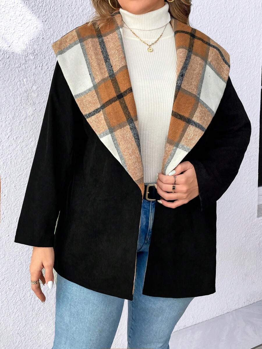 SHEIN LUNE Plus Size Plaid Shawl Collar Coat - Black - View 1