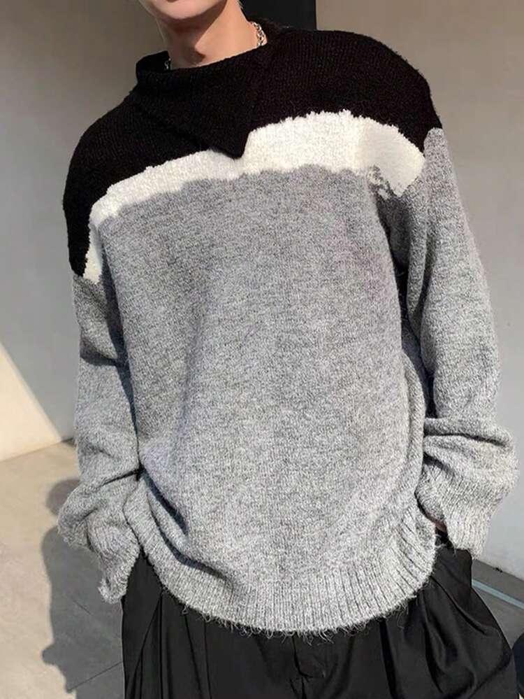 Loose Fit Men's Color Block Sweater With Dropped Shoulders