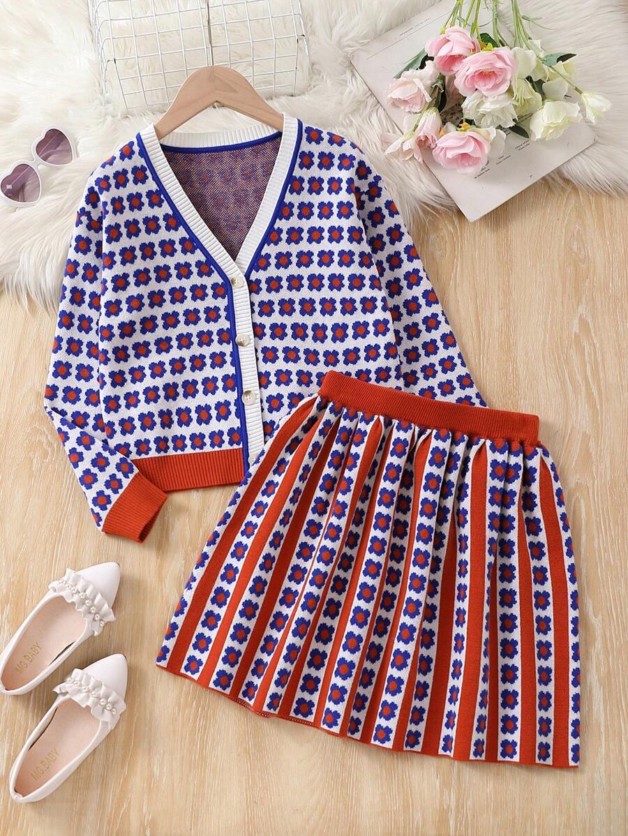 SHEIN Tween Girls' Floral Pattern Sweater Set - Multicolor - View 1