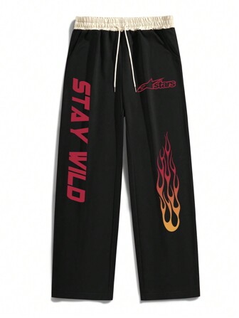 Street Life Men's Letter & Flame Print Color Block Drawstring Waist Sweatpants