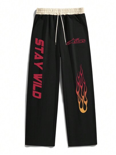 Street Life Men's Letter & Flame Print Color Block Drawstring Waist Sweatpants
