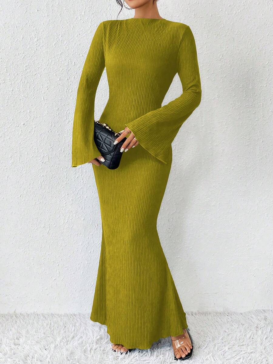 SHEIN Unity 纯色美人鱼下摆喇叭袖长裙女装 - 綠色 - 查看 1