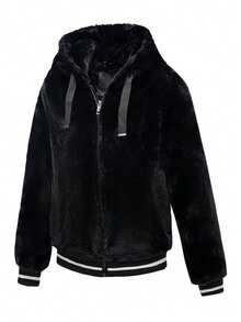 Women's Simple And Chic Hooded Fleece Jacket With Drawstring For Autumn And Winter Commute - Solid Color Design - Black - View 3