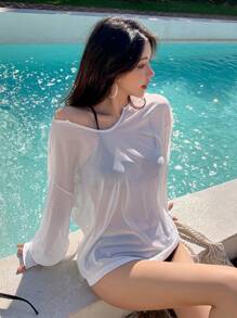 DAZY 一件式V领落肩罩衫，夏季薄纱，沙滩女装度假装 - 白色 - 查看 6