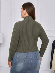 SHEIN Essnce Plus Size Women'S Zipper Front Ribbed T-Shirt - Army Green - View 2