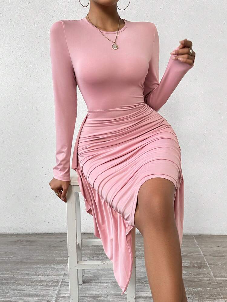 Asymmetric Hem Long Sleeve Pleated Dress Fall Cloth For Women