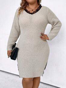 SHEIN Clasi 大尺碼蕾絲拼接高開衩毛衣連身裙 - 灰色 - 查看 1