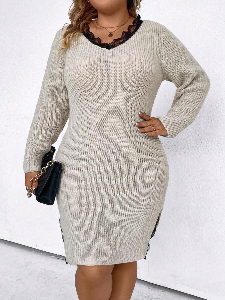 SHEIN Clasi 大尺碼蕾絲拼接高開衩毛衣連身裙 - 灰色 - 查看 1