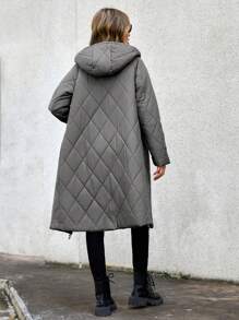 SHEIN Essnce Women's Solid Color Long Sleeve Zip-Front Long Hooded Padded Casual Jacket For Winter - Grey - View 2