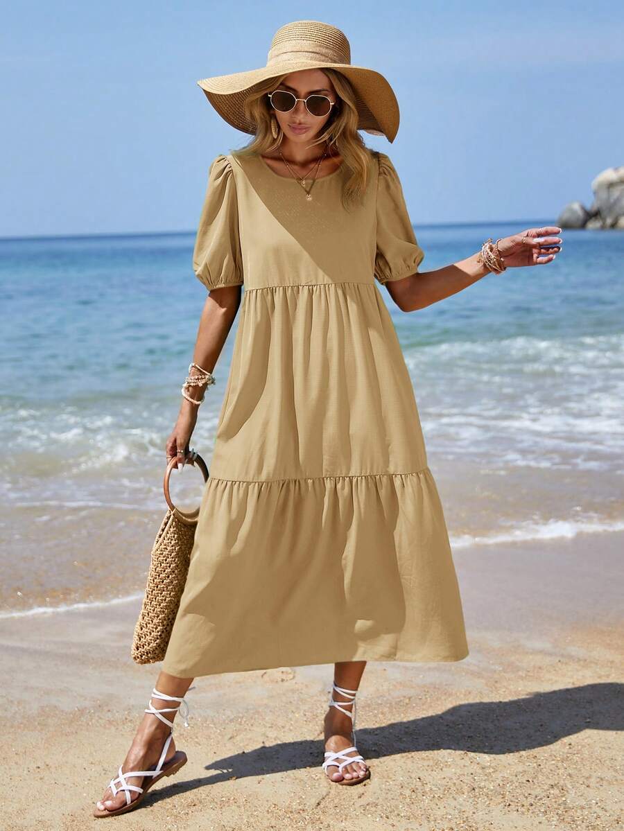 EMERY ROSE Women'S Puff Sleeve Dress With Ruffled Hemline for Sale