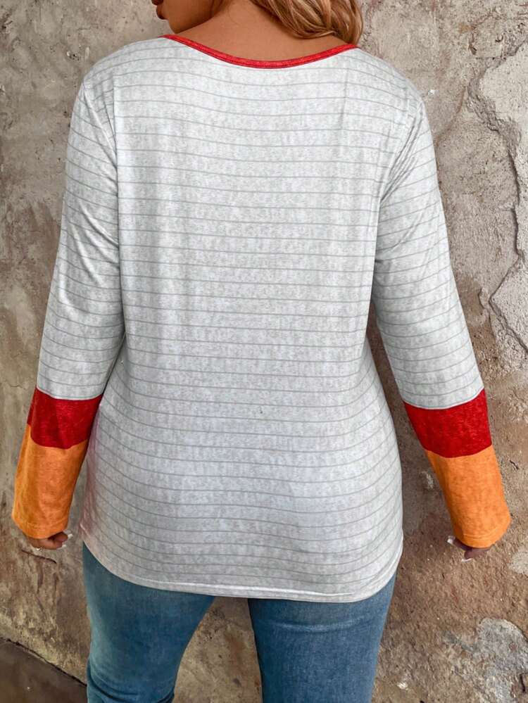 Women's Plus Size Contrast Stripe Long Sleeve T-shirt
