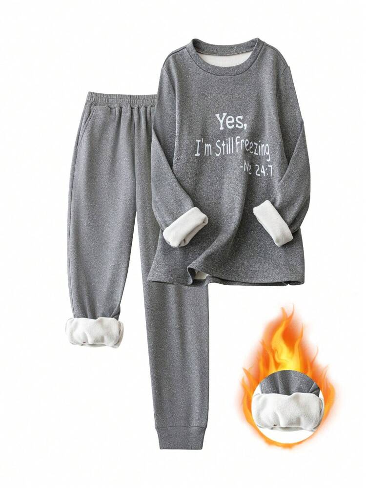 Women'S Slogan Printed Fleece Sweatshirt And Pants Set