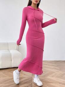 SHEIN EZwear 縫線細節純色連帽連身裙 - 玫紅色 - 查看 1