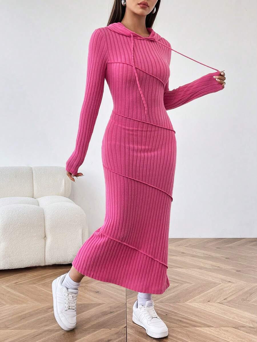SHEIN EZwear 縫線細節純色連帽連身裙 - 玫紅色 - 查看 1