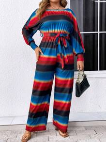SHEIN LUNE Gestreifter Jumpsuit Mit Langen Ärmeln Und Gürtel Buchstabe Muster - Verschiedenfarbig - Übersicht 4