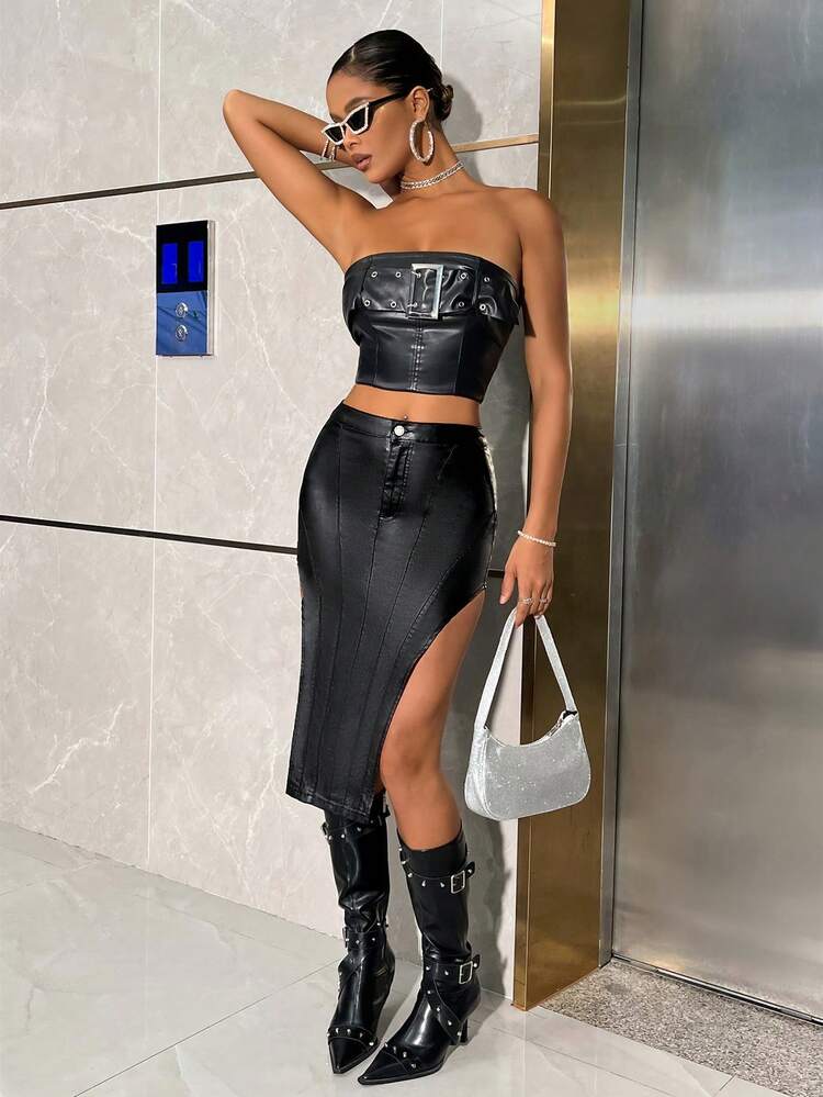 Women Side Split Fitted Solid Mini Skirt