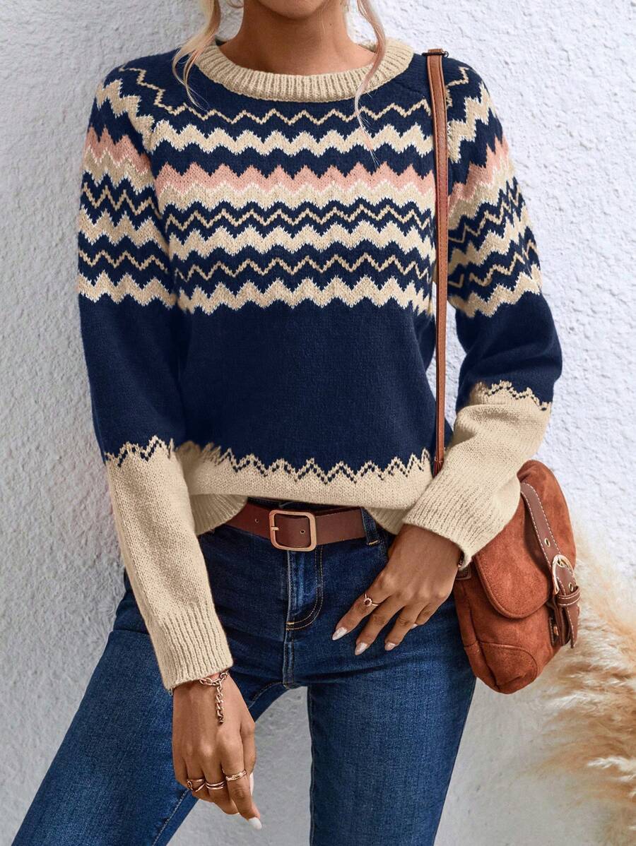 EMERY ROSE 几何图案插肩袖针织套头衫秋冬毛衣 - 彩色 - 查看 1