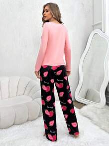 Conjunto de pijama de top de manga larga y pantalones con estampado de fresa y texto, ropa de otoño e invierno - Multicolor - Ver 2